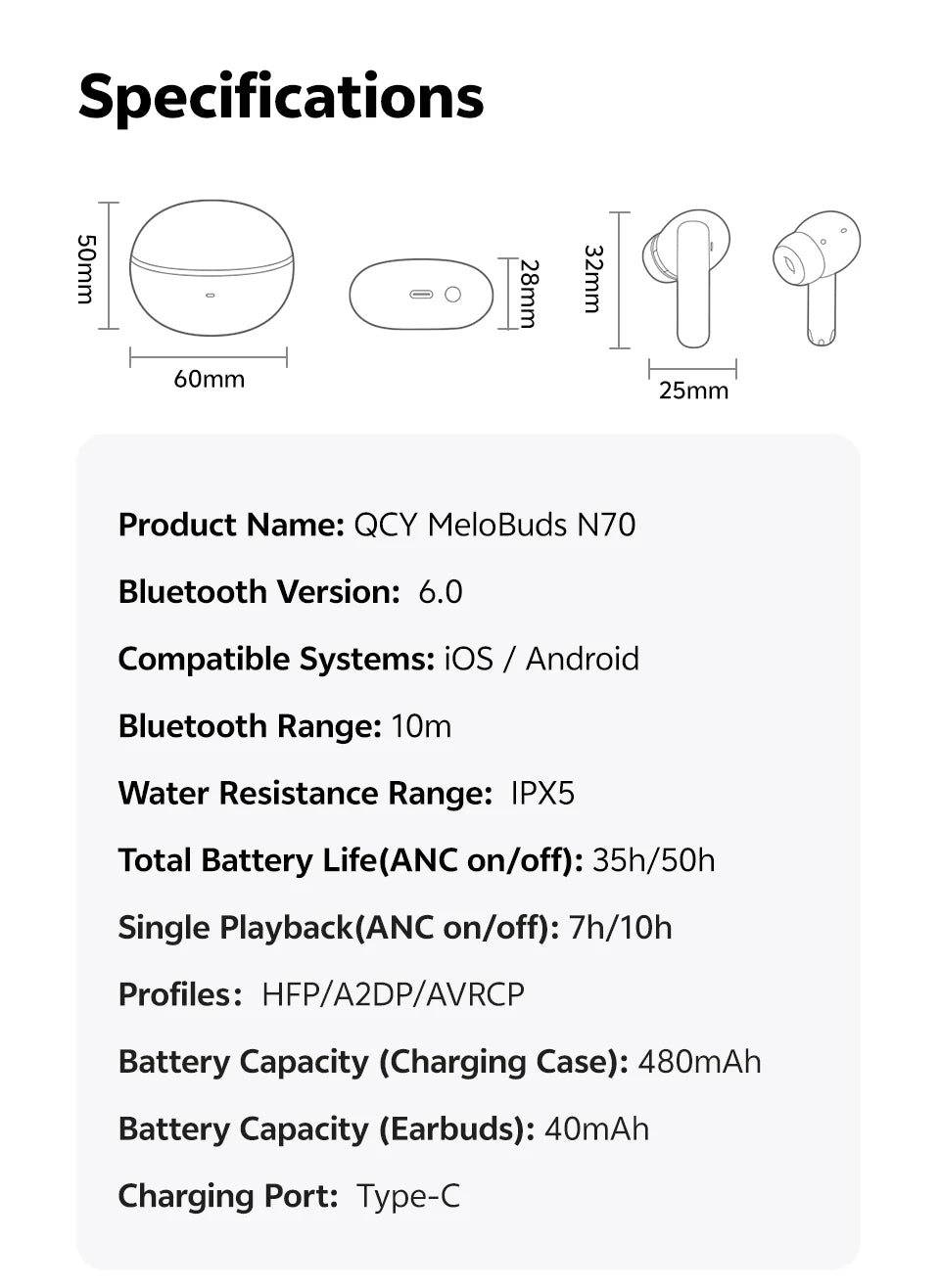 QCY MeloBuds N70 ANC Auriculares inalámbricos Bluetooth 6.0 con cancelación de ruido adaptativa, audio LDAC de alta resolución, 6 micrófonos, 50 horas de reproducción, carga inalámbrica, detección intraaural Tu tienda rápida