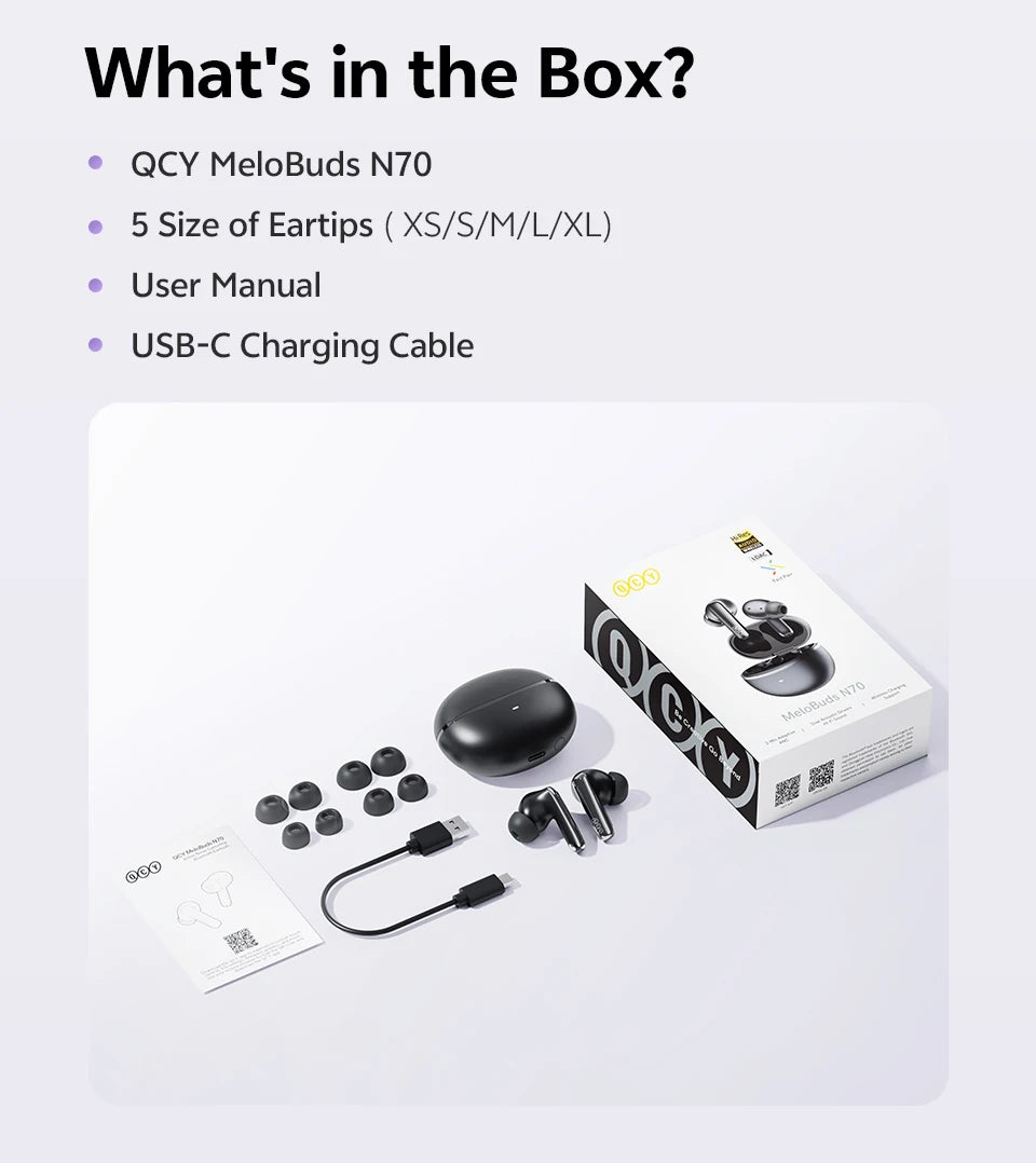 QCY MeloBuds N70 ANC Auriculares inalámbricos Bluetooth 6.0 con cancelación de ruido adaptativa, audio LDAC de alta resolución, 6 micrófonos, 50 horas de reproducción, carga inalámbrica, detección intraaural Tu tienda rápida