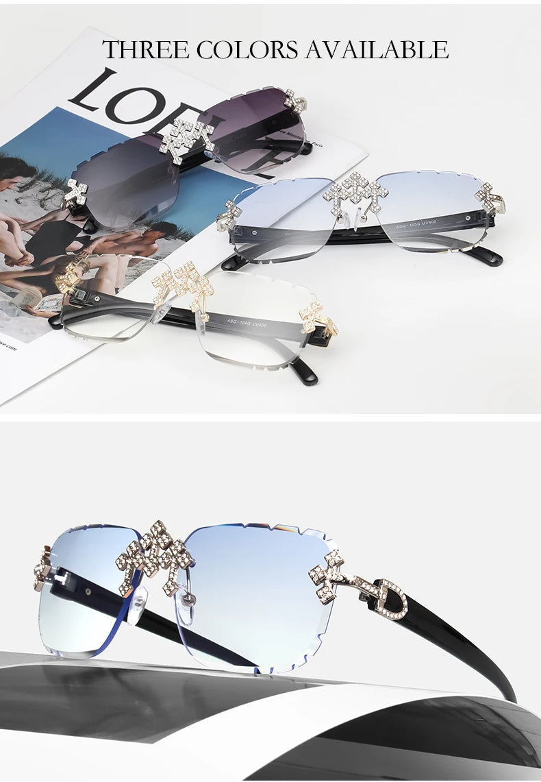 2025 gafas de sol cuadradas sin montura a la moda para mujer, montura de Metal con diamantes cruzados, gafas de lujo con lentes cortados UV400, gafas de sol Tu tienda rápida