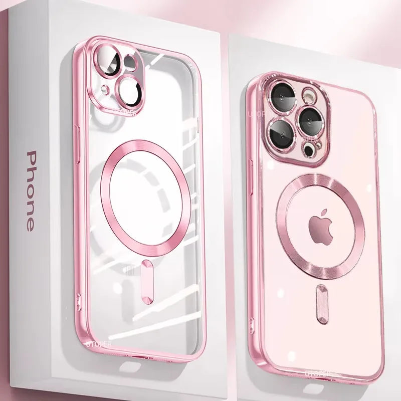 Funda de silicona ultrafina con revestimiento transparente para iPhone 16 15 14 13 12 11 Pro Max 16 Plus Magsafe película de lente magnética cubierta protectora rosa Tu tienda rápida