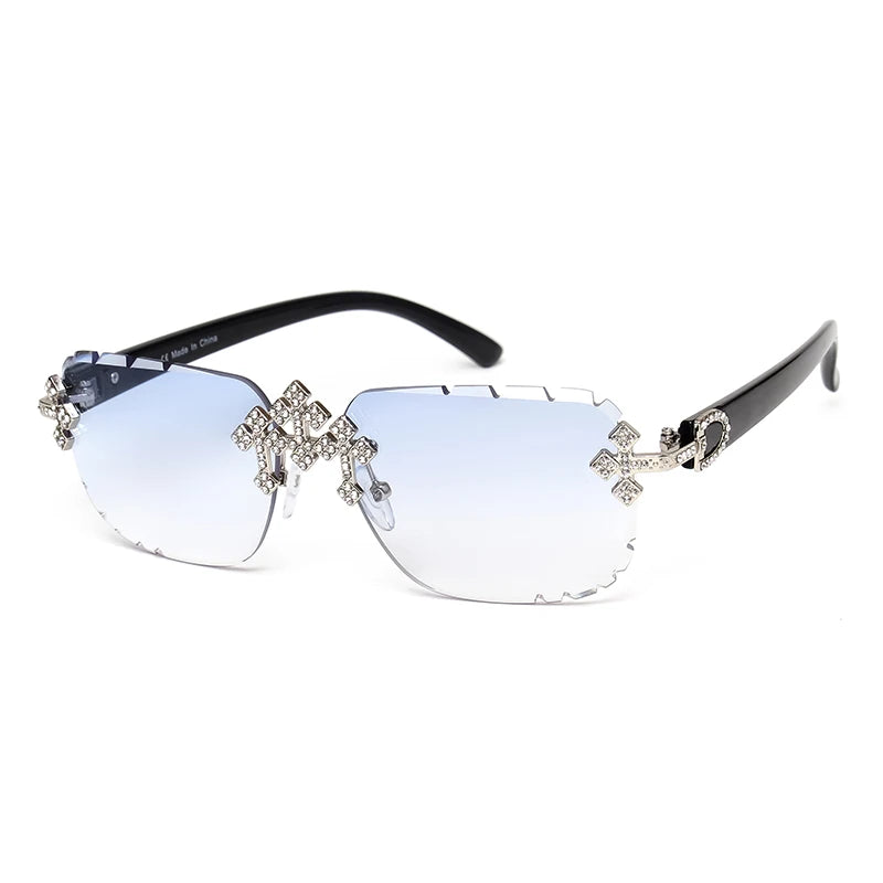 2025 gafas de sol cuadradas sin montura a la moda para mujer, montura de Metal con diamantes cruzados, gafas de lujo con lentes cortados UV400, gafas de sol Tu tienda rápida
