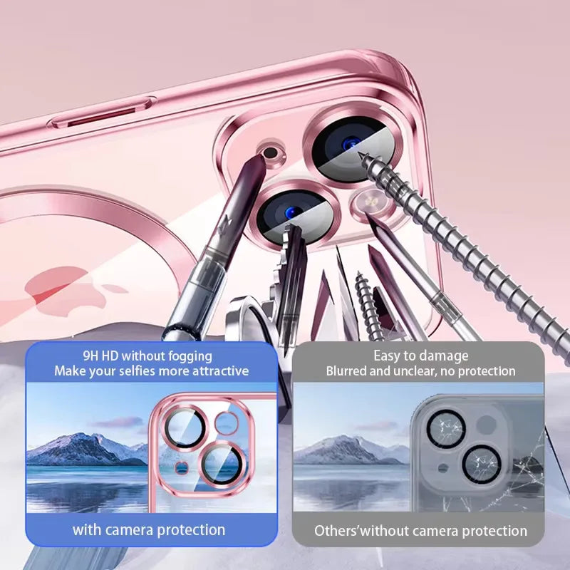 Funda de silicona ultrafina con revestimiento transparente para iPhone 16 15 14 13 12 11 Pro Max 16 Plus Magsafe película de lente magnética cubierta protectora rosa Tu tienda rápida