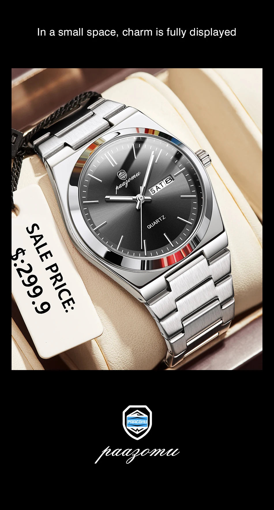 Reloj de pulsera PAAZOMU de cuarzo de lujo para hombre, relojes deportivos para hombre, Reloj luminoso resistente al agua con fecha y semana, Reloj de acero inoxidable para hombre + caja Tu tienda rápida