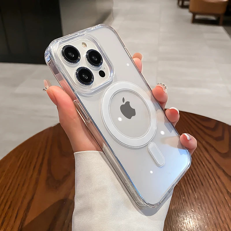 Para Magesafe funda de carga inalámbrica transparente magnética para iPhone 11 12 13 14 15 16 17 Air Pro Max Plus Mini cubierta de PC a prueba de golpes Tu tienda rápida