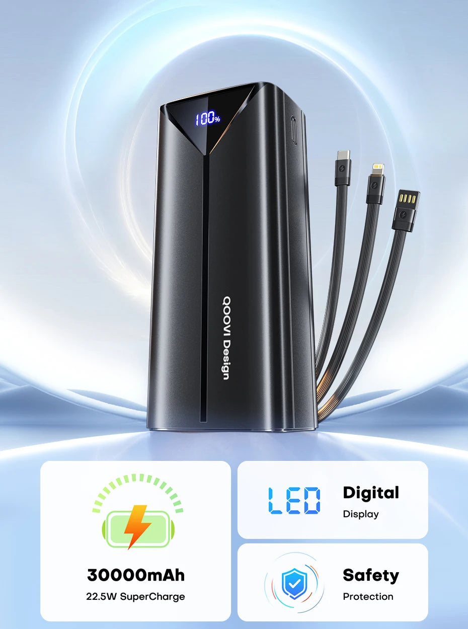 QOOVI-Banco de energía de 30000mah, Cable incorporado de carga rápida de 22,5 W, cargador portátil de batería grande externa para iPhone, Samsung y Xiaomi Tu tienda rápida