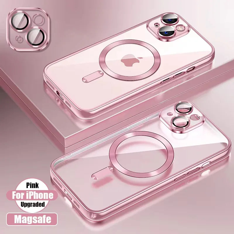 Funda de silicona ultrafina con revestimiento transparente para iPhone 16 15 14 13 12 11 Pro Max 16 Plus Magsafe película de lente magnética cubierta protectora rosa Tu tienda rápida