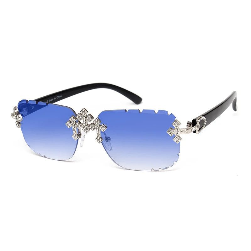 2025 gafas de sol cuadradas sin montura a la moda para mujer, montura de Metal con diamantes cruzados, gafas de lujo con lentes cortados UV400, gafas de sol Tu tienda rápida