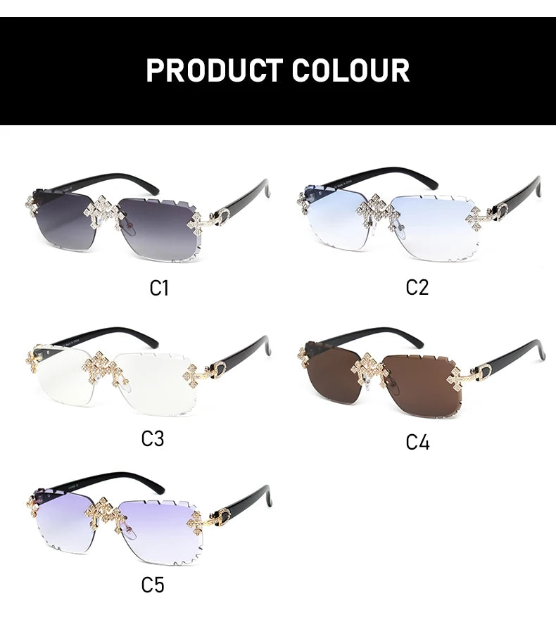 2025 gafas de sol cuadradas sin montura a la moda para mujer, montura de Metal con diamantes cruzados, gafas de lujo con lentes cortados UV400, gafas de sol Tu tienda rápida