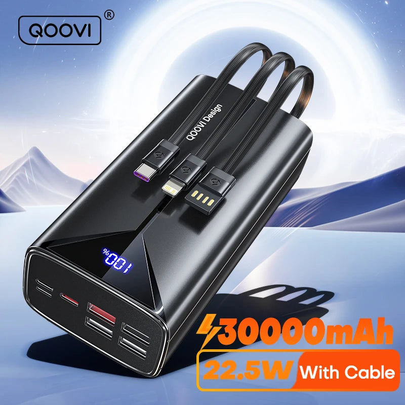 QOOVI-Banco de energía de 30000mah, Cable incorporado de carga rápida de 22,5 W, cargador portátil de batería grande externa para iPhone, Samsung y Xiaomi Tu tienda rápida