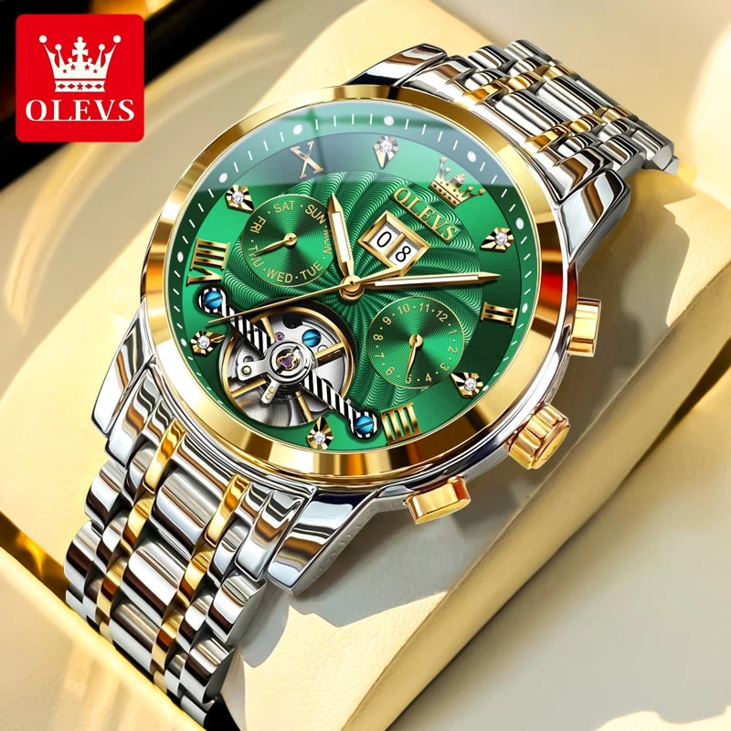 9910 Men's Luxury Automatic Mechanical Watch with Dual Calendar, Waterproof and Luminous Features, Includes Watch Box