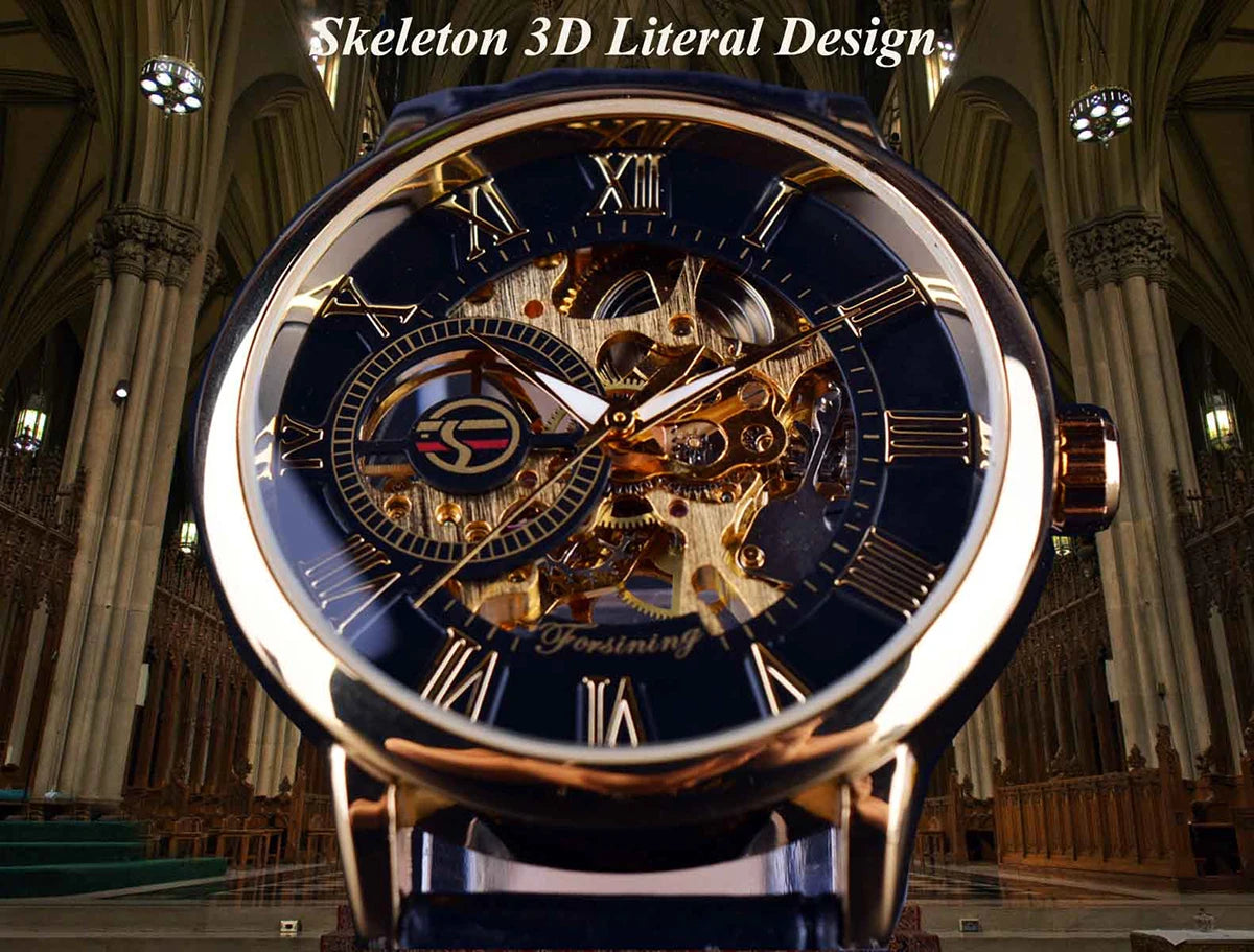 Luxury Men's Skeleton Mechanical Watch with 3D Logo Design and Hollow Engraving in Black and Gold Leather Case