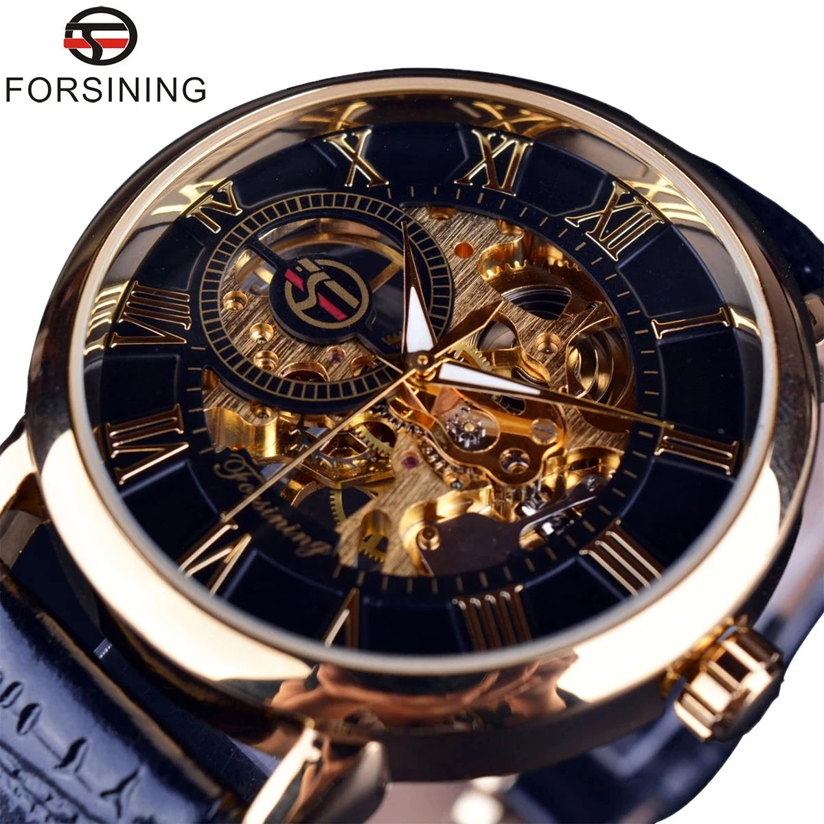 Luxury Men's Skeleton Mechanical Watch with 3D Logo Design and Hollow Engraving in Black and Gold Leather Case
