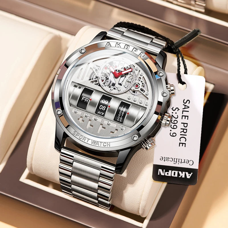 Men's Luxury Electronic Quartz Business Watch with Unique Rotating Date and Leather Strap