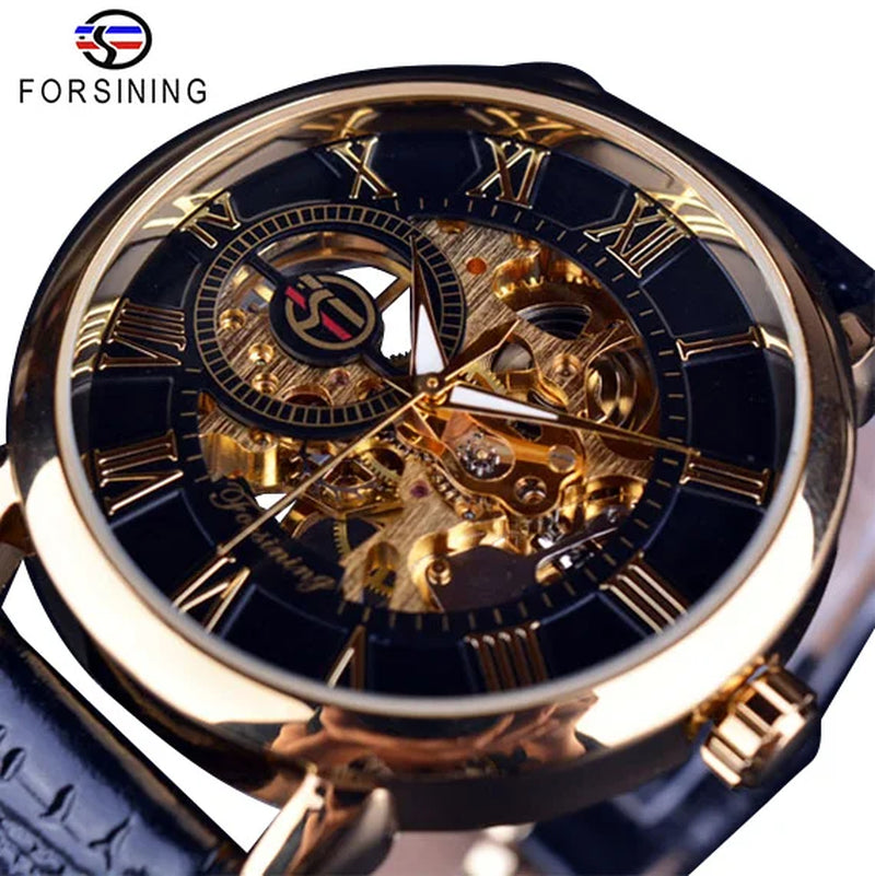 Luxury Men's Skeleton Mechanical Watch with 3D Logo Design and Hollow Engraving in Black and Gold Leather Case