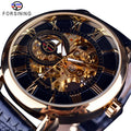 Luxury Men's Skeleton Mechanical Watch with 3D Logo Design and Hollow Engraving in Black and Gold Leather Case