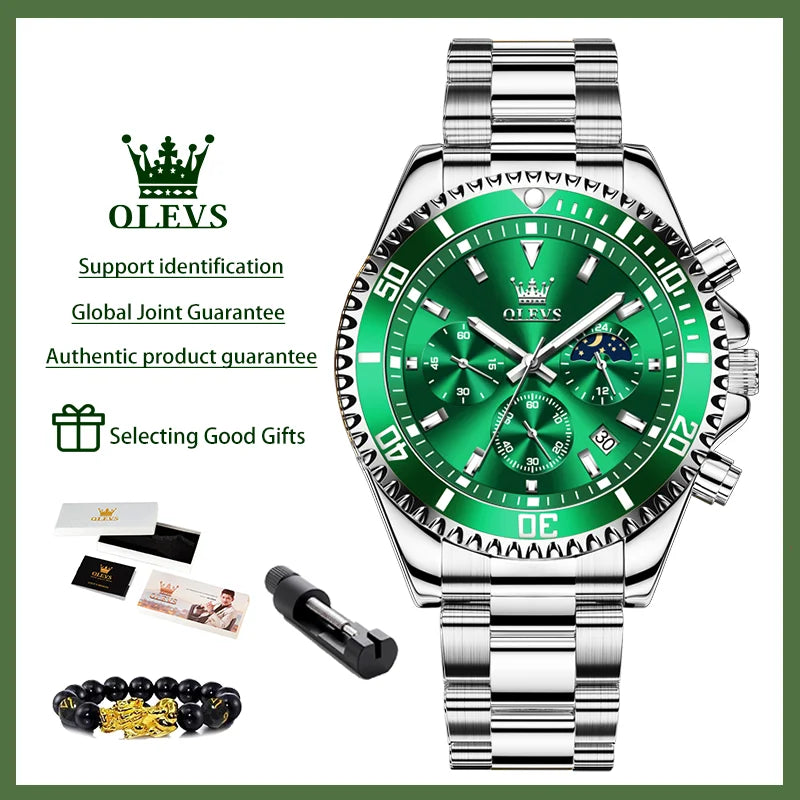 2870 Men's Luxury Chronograph Watch with Moon Phase and Calendar - Original Quartz Steel Timepiece with Large Rotating Dial