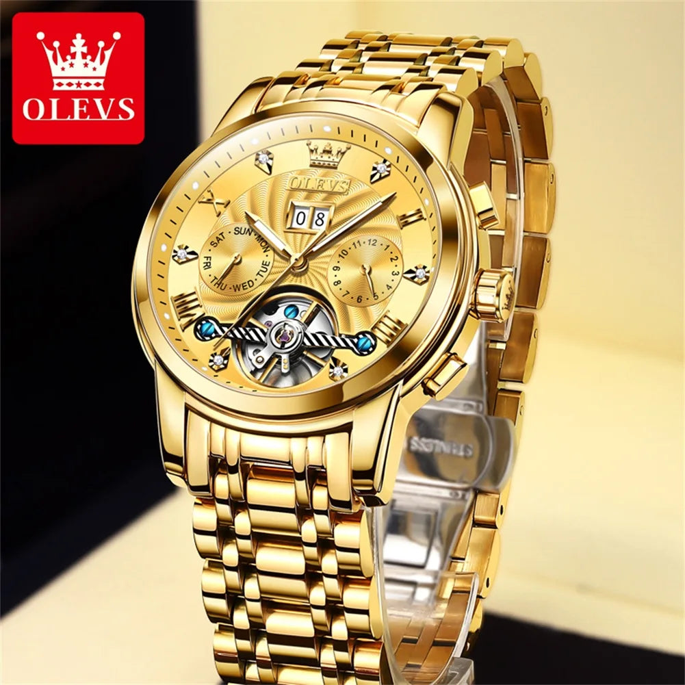 9910 Men's Luxury Automatic Mechanical Watch with Dual Calendar, Waterproof and Luminous Features, Includes Watch Box