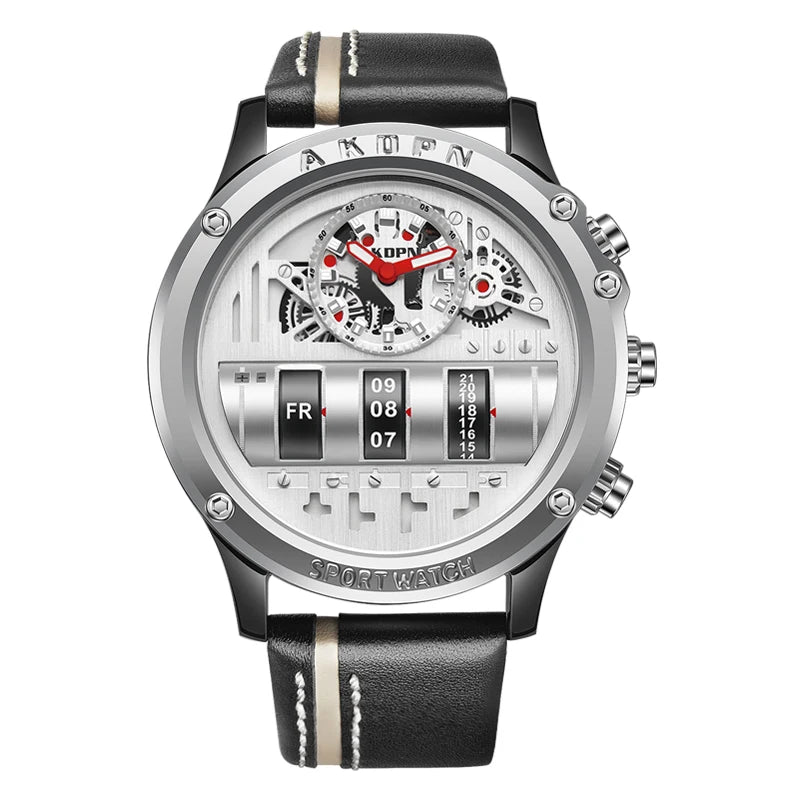 Men's Luxury Electronic Quartz Business Watch with Unique Rotating Date and Leather Strap
