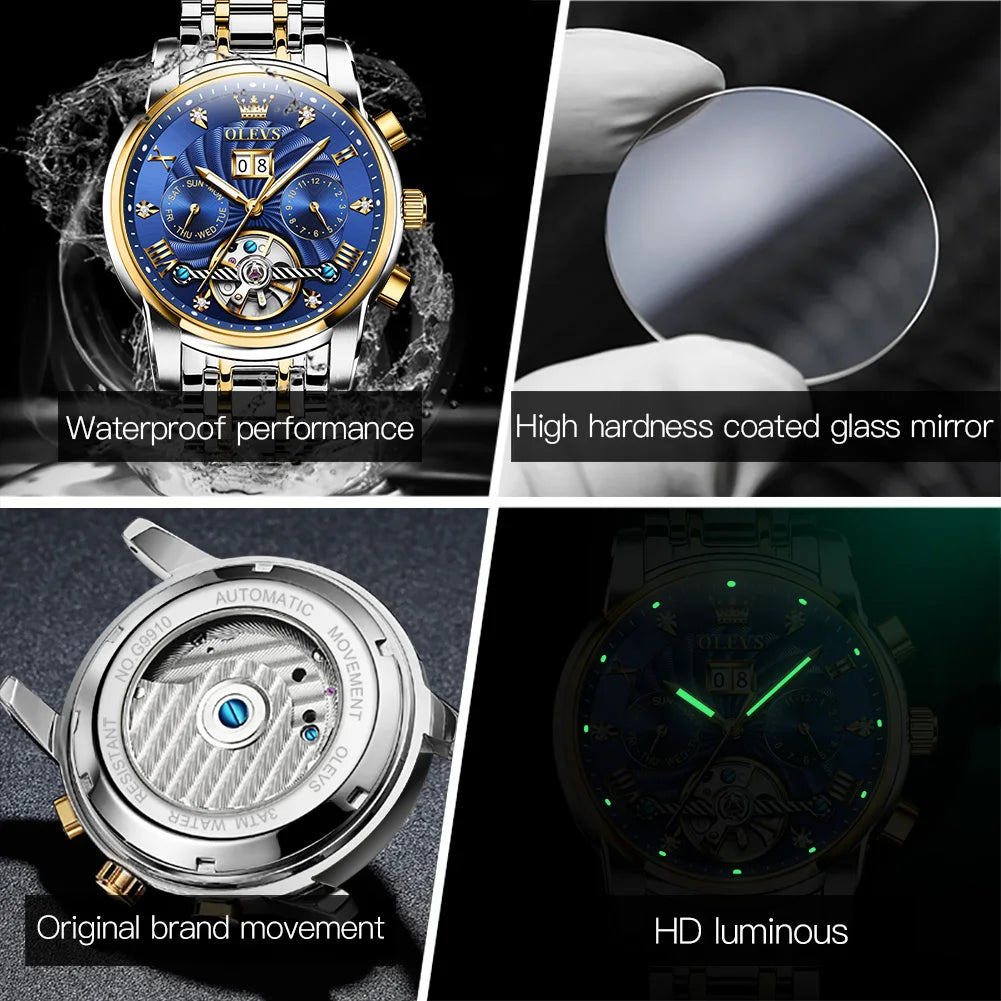 9910 Men's Luxury Automatic Mechanical Watch with Dual Calendar, Waterproof and Luminous Features, Includes Watch Box