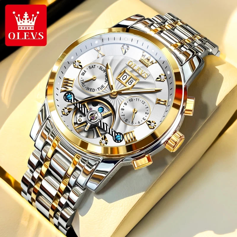 9910 Men's Luxury Automatic Mechanical Watch with Dual Calendar, Waterproof and Luminous Features, Includes Watch Box