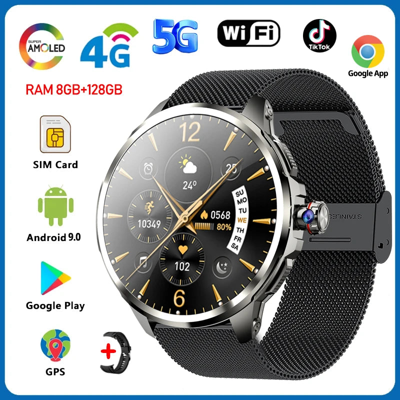 5G Smartwatch with 1.95-Inch HD Display, 720x720 Resolution, 8GB RAM, 128GB Storage, Video Call Capability, Google Play, WiFi, GPS, and SIM Card Support