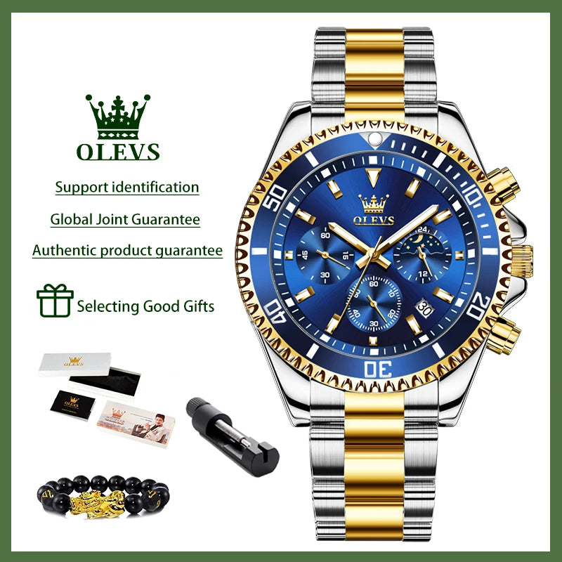 2870 Men's Luxury Chronograph Watch with Moon Phase and Calendar - Original Quartz Steel Timepiece with Large Rotating Dial