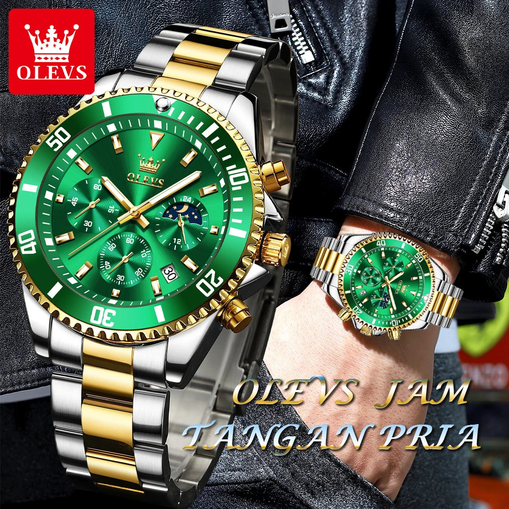 2870 Men's Luxury Chronograph Watch with Moon Phase and Calendar - Original Quartz Steel Timepiece with Large Rotating Dial