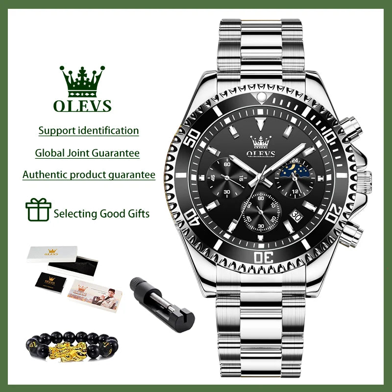 2870 Men's Luxury Chronograph Watch with Moon Phase and Calendar - Original Quartz Steel Timepiece with Large Rotating Dial