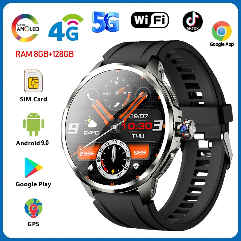5G Smartwatch with 1.95-Inch HD Display, 720x720 Resolution, 8GB RAM, 128GB Storage, Video Call Capability, Google Play, WiFi, GPS, and SIM Card Support