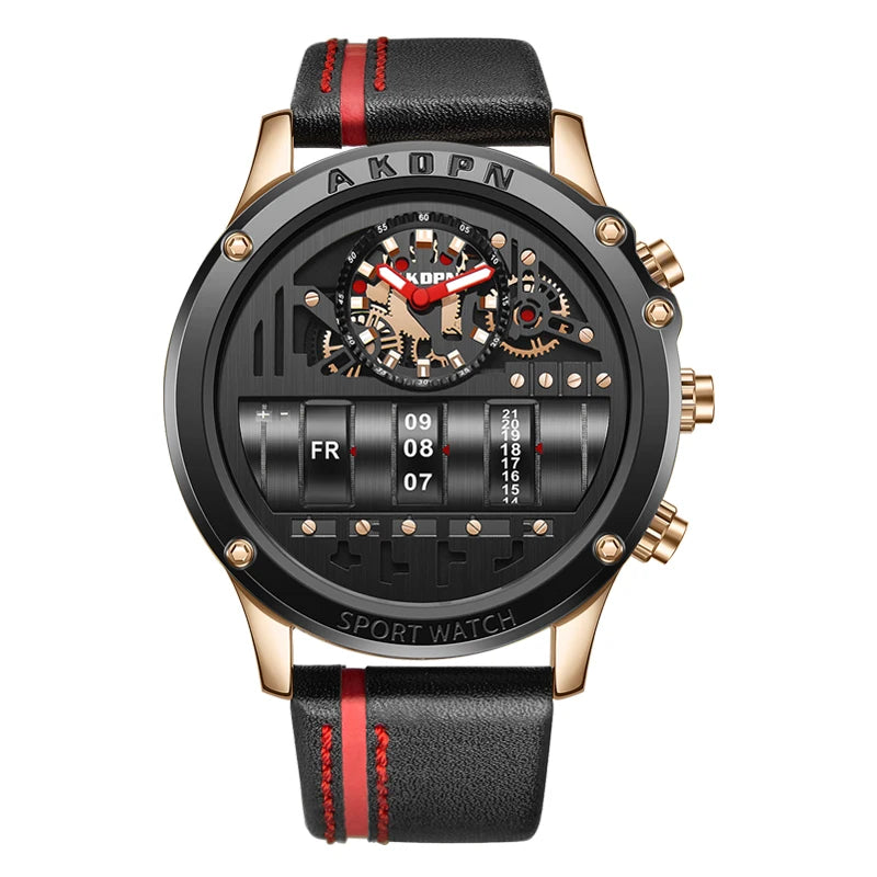 Men's Luxury Electronic Quartz Business Watch with Unique Rotating Date and Leather Strap