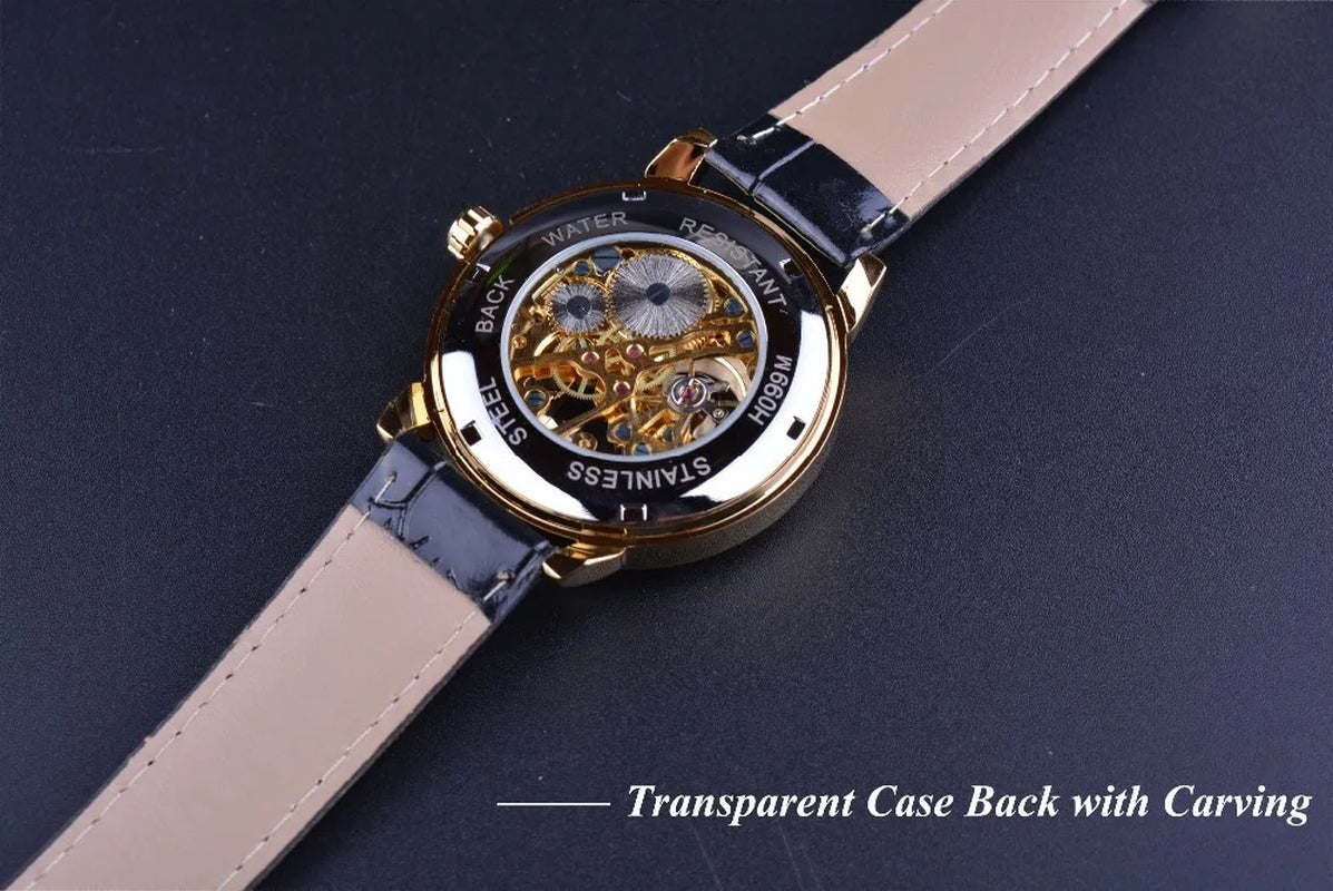 Luxury Men's Skeleton Mechanical Watch with 3D Logo Design and Hollow Engraving in Black and Gold Leather Case
